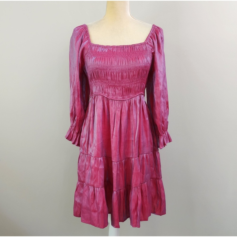 UMGEE Size Large Iridescent Fuchsia Pink Smocked Long Sleeve Tiered Mini Dress - Picture 7 of 7